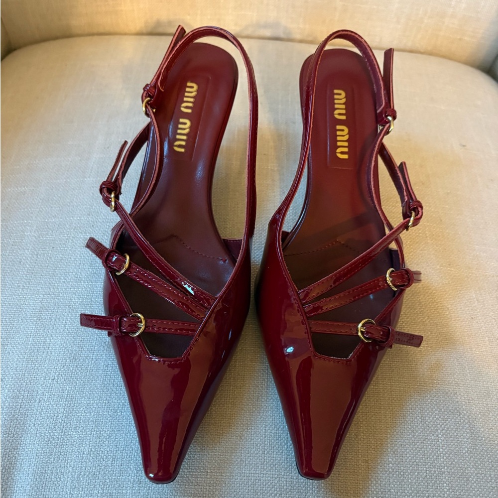 Miu Miu Burgundy Patent Leather Strappy Heels